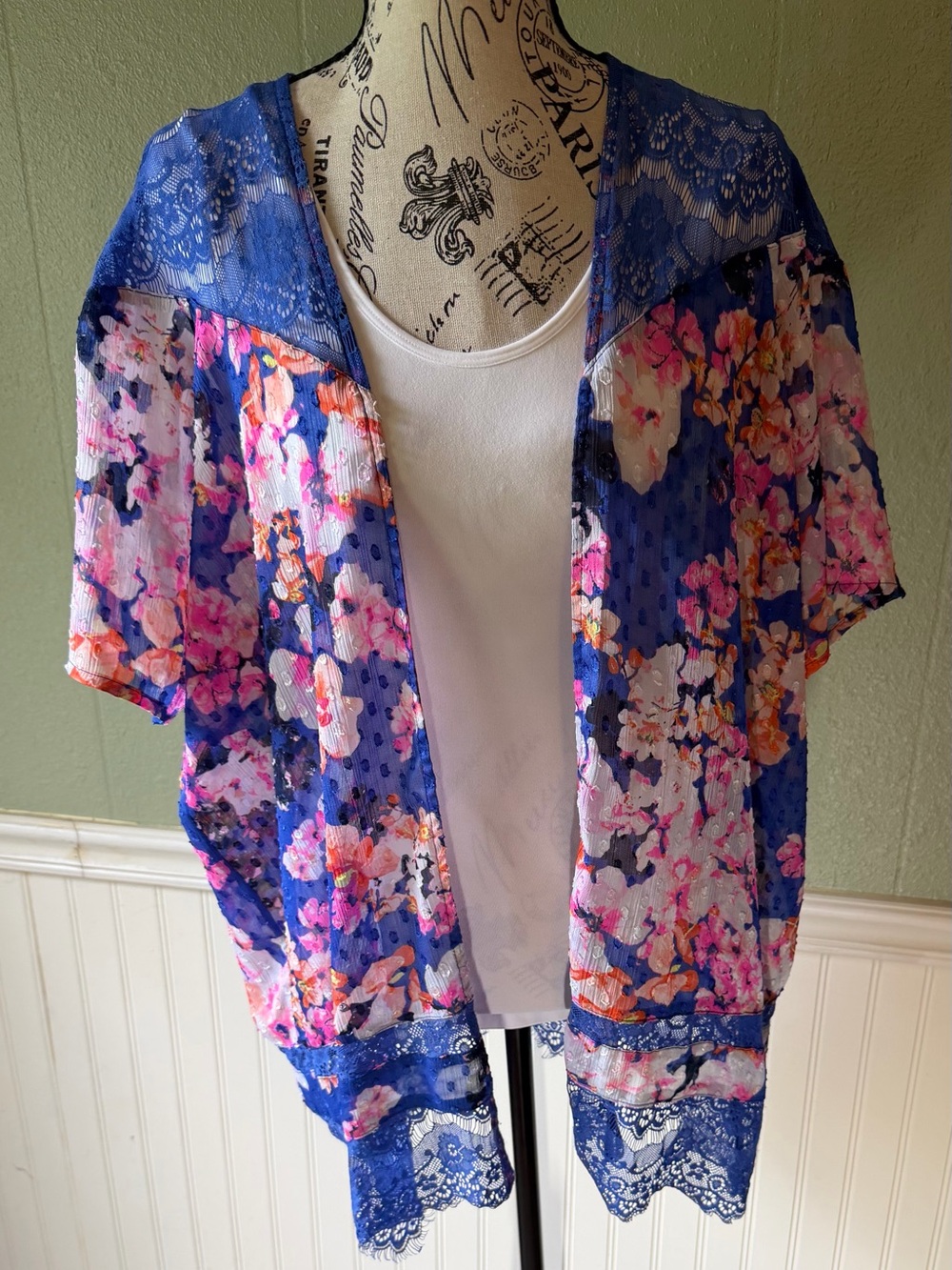 Floral Lace Trim Open-Front Kimono Cardigan- Blue
